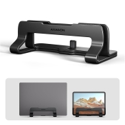Axagon STND-VB Aluminum stand for vertical insertion of laptops sized 10"–17.3". Adjustable slot width 9.5–25.5 mm. Black version.