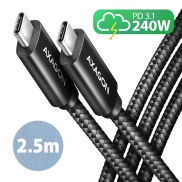 Axagon BUCM2-CM25AB Data and charging USB 480Mbps cable 2.5 m. PD 240W, 5A. Black braided