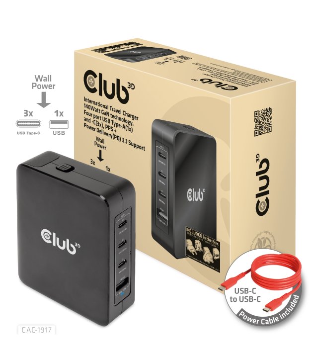 MOBILE TRAVEL CHARGER USB-C/140W GAN CAC-1917 CLUB3D