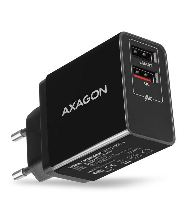 Axagon ACU-QS24 QUICK and SMART Wall charger, 2x USB port QC3.0/AFC/FCP + 5V-1.2A, 24W