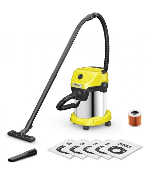 Vacuum Cleaner, KARCHER, Wet and dry vacuum cleaner WD 3 S V-17/4/20 + 4 FB, 1000 Watts, Suction power 230W, Capacity 17 l, Noise 74 dB, Yellow, Weight 4.8 kg, 1.628-152.0