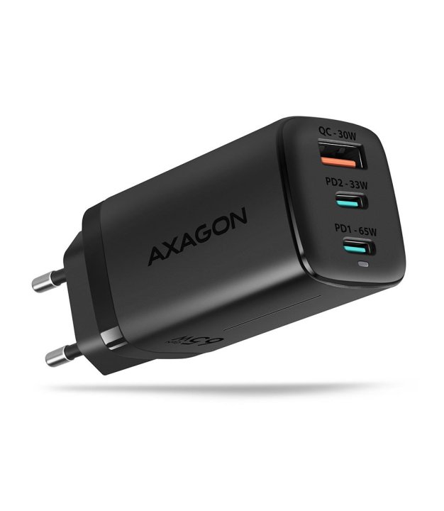 Axagon ACU-DPQ65 GaN Wall charger 65W, 3x port (USB-A + dual USB-C), PD3.0/QC4+/PPS/Apple
